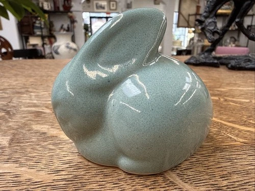 VAN BRIGGLE Bunny Rabbit Handmade Figurine Pottery Signed Powder Blue