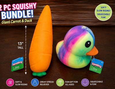 Squeezy 2pc Squishy Bundle Giant Carrot & Rainbow Duck Soft Slow Rise 13in