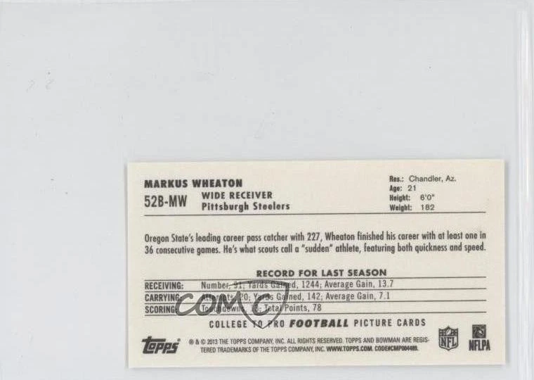 2013 Bowman Mini Cards 1952 Design Markus Wheaton #52B-MW Rookie RC - Image 2 of 2