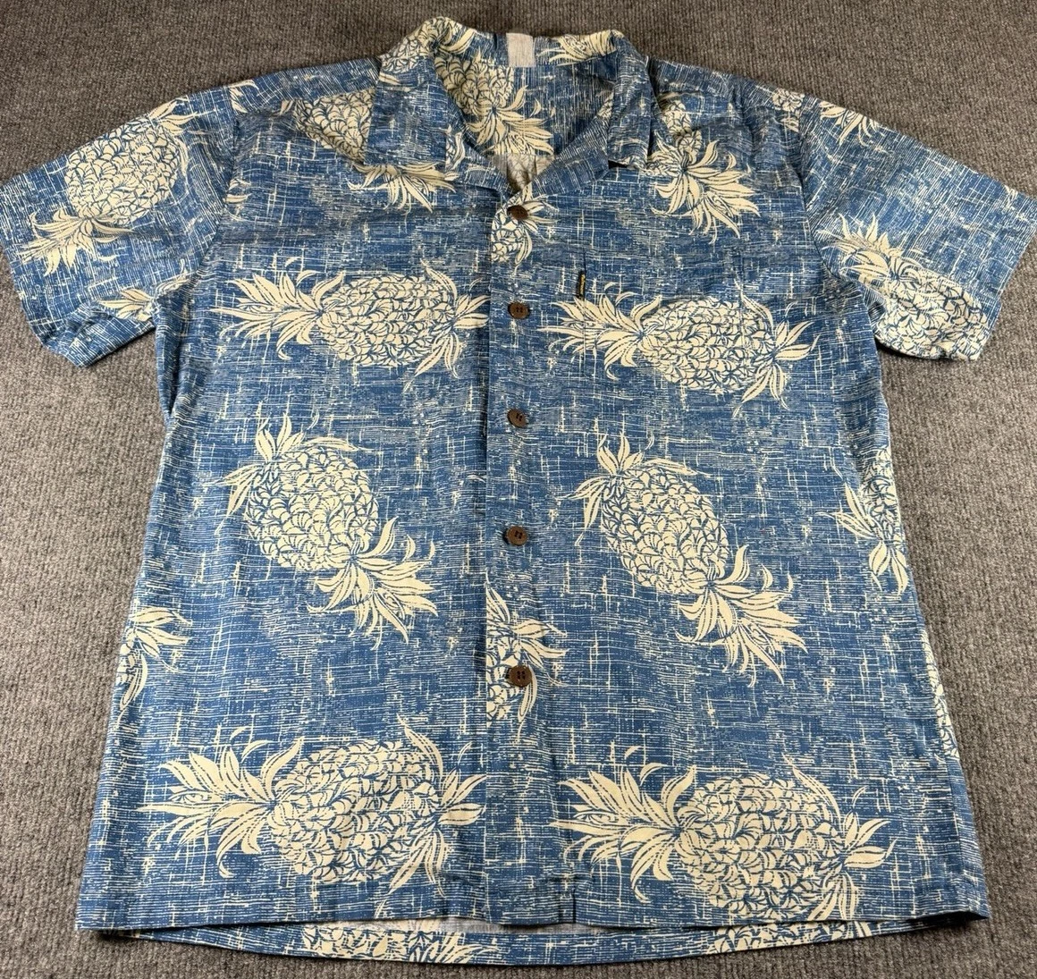 VTG Palmwave Hawaii Mens Shirt L Blue Pineapple Allover Aloha Camp 90s Tropical