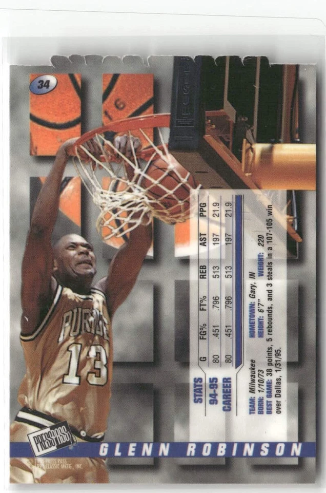 1995 Press Pass Premium Draft Picks #34 Glenn Robinson Die Cuts Blue ☘️A21 - Image 2 of 2