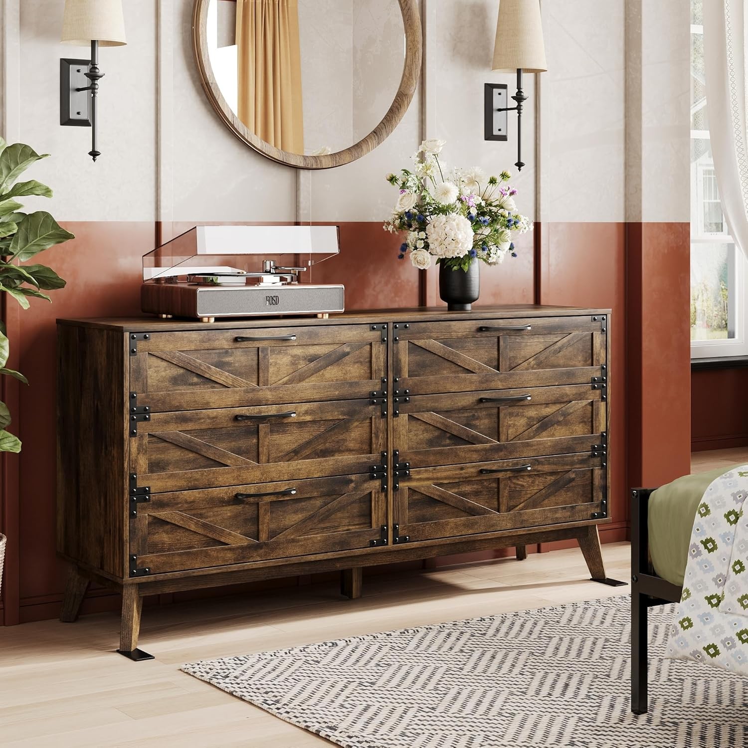 59-Inch Farmhouse Dresser with 6 Drawers - Wooden TV Stand & Storage Cabinet