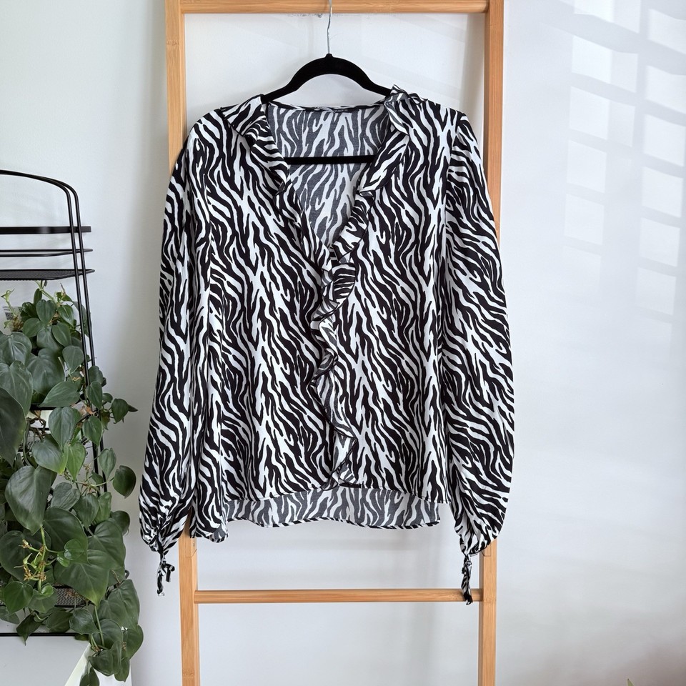 Zara Womens Blouse Top Size XL Black White Animal Print Business Work
