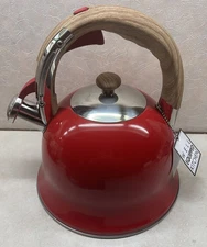 NWT WELL EQUIPPED KITCHEN Red Whistling Tea Kettle Stainless 3 Qt