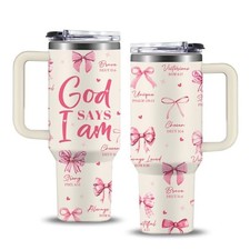 Christian Gifts for Women, 40 oz God Says I am Pink Tumbler with Handle,