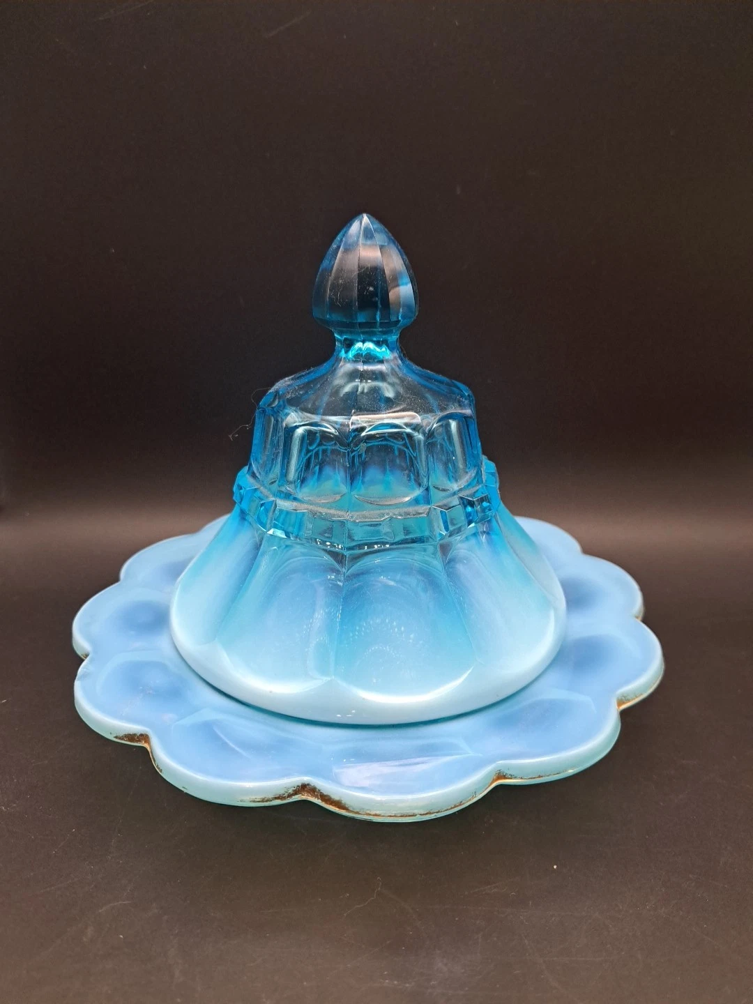 Northwood Glass Regal Blue Opalescent EAPG Round Covered Butter Dish