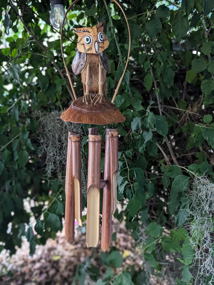 Carillón de viento de bambú Owl Bird barra de campo coco rústico - ecológico Foto 2 de 4