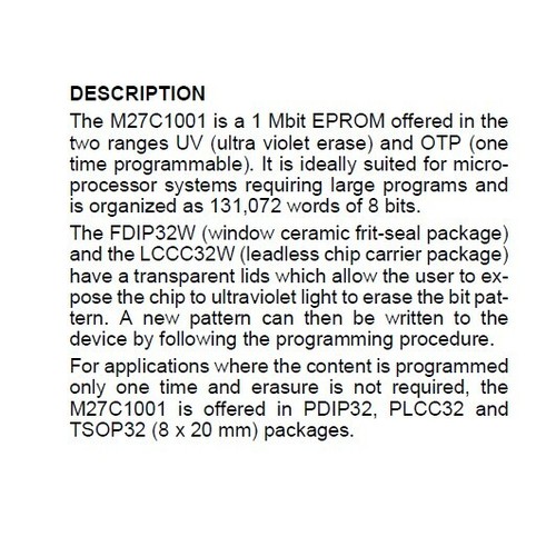 M27C1001-12C1 1 Mbit EPROM 1M (128Kx8) 100ns Original -1Pcs (B1-B7) - Imagen 3 de 8