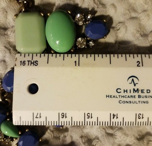 Vintage Authentic J Crew Blue Green Rhinestone Statement Necklace Chunky 20” - Picture 10 of 12