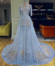 Luxury Sparkly Beaded Wedding Dresses High Neck A Line Light Blue Bridal Gowns