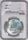 1887-P Morgan Silver Dollar Colorful Electric Blue Toning $1 - NGC MS63 -