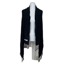 PASHMINA 100% Cashmere Black Scarf Wrap Shaw Cape With Fringe Large 28”x66” USED