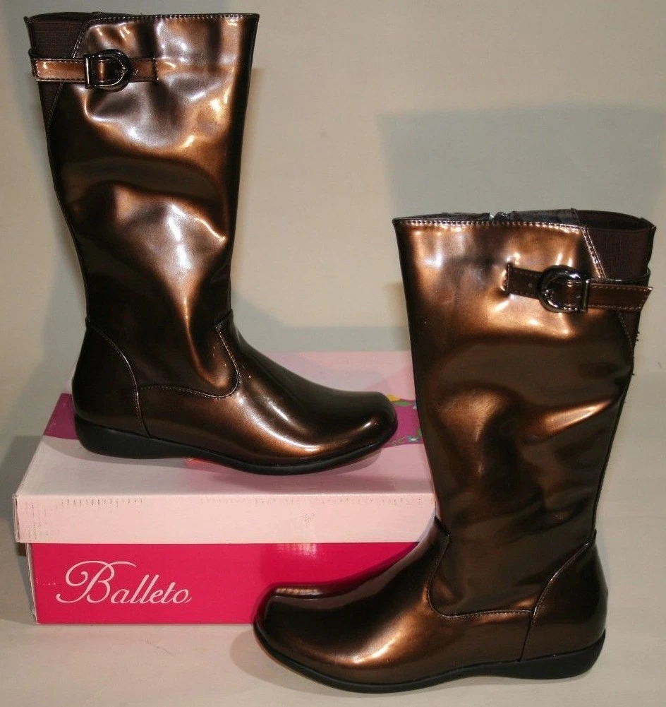New Balleto Brown Faux Patent Leather Girls Tall Boots US 2 2.5 M Youth EU 34