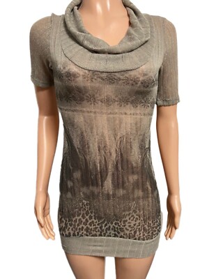 Y2K Grey Cowlneck Banded Hem Knit Tunic Mini Dress M Fall Winter Print  Vintage