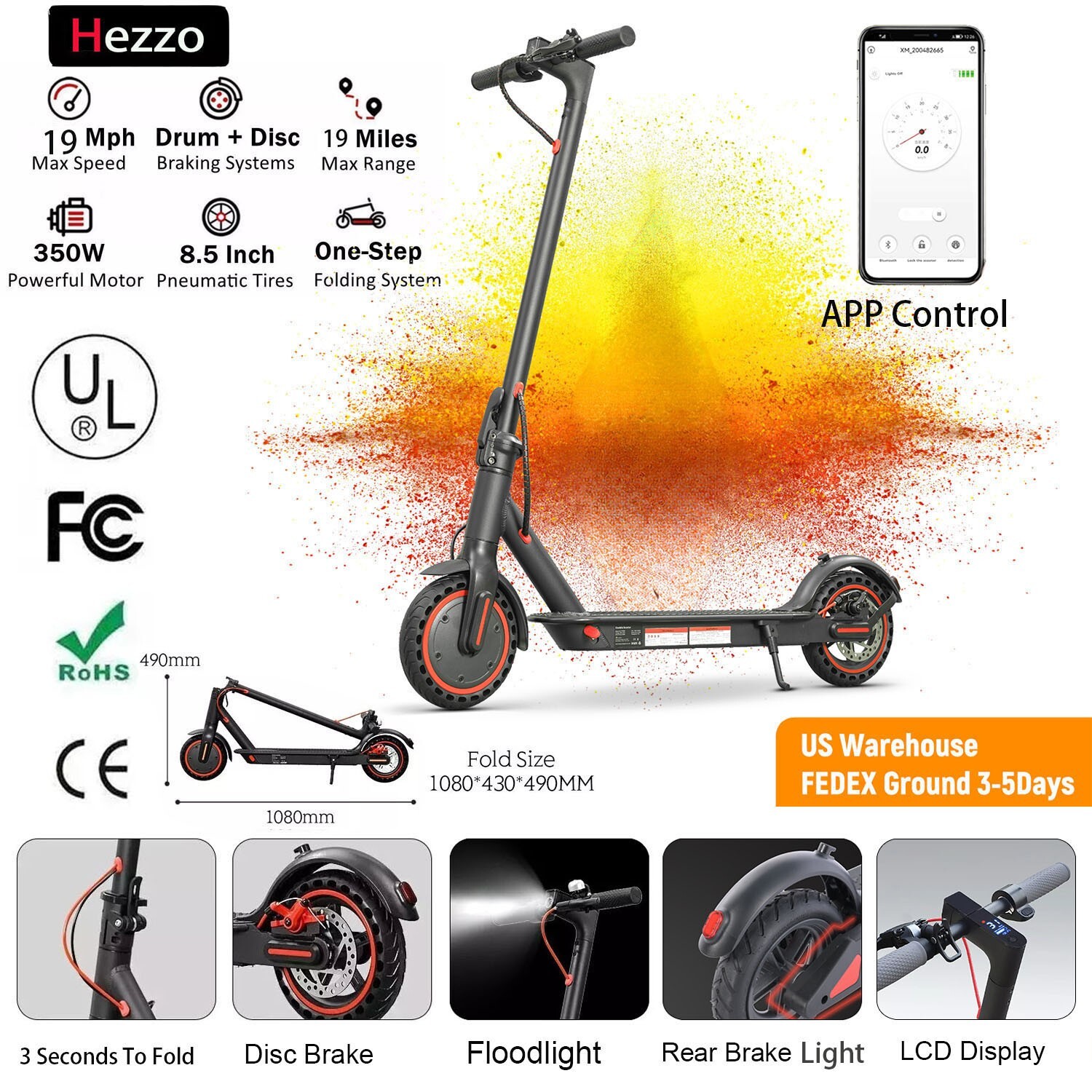HEZZO 350W Electric Scooter Long Range 30KM High Speed 31KM/H with App Control
