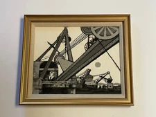 ANTIQUE VINTAGE INDUSTRIAL WPA PAINTING OLD TECHNOLOGY FACTORY MYSTERY ARTIST