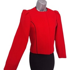 Lanvin Box Jacket Size 36 Red Wool Blend Ruched Puff Sleeve Concealed Buttons