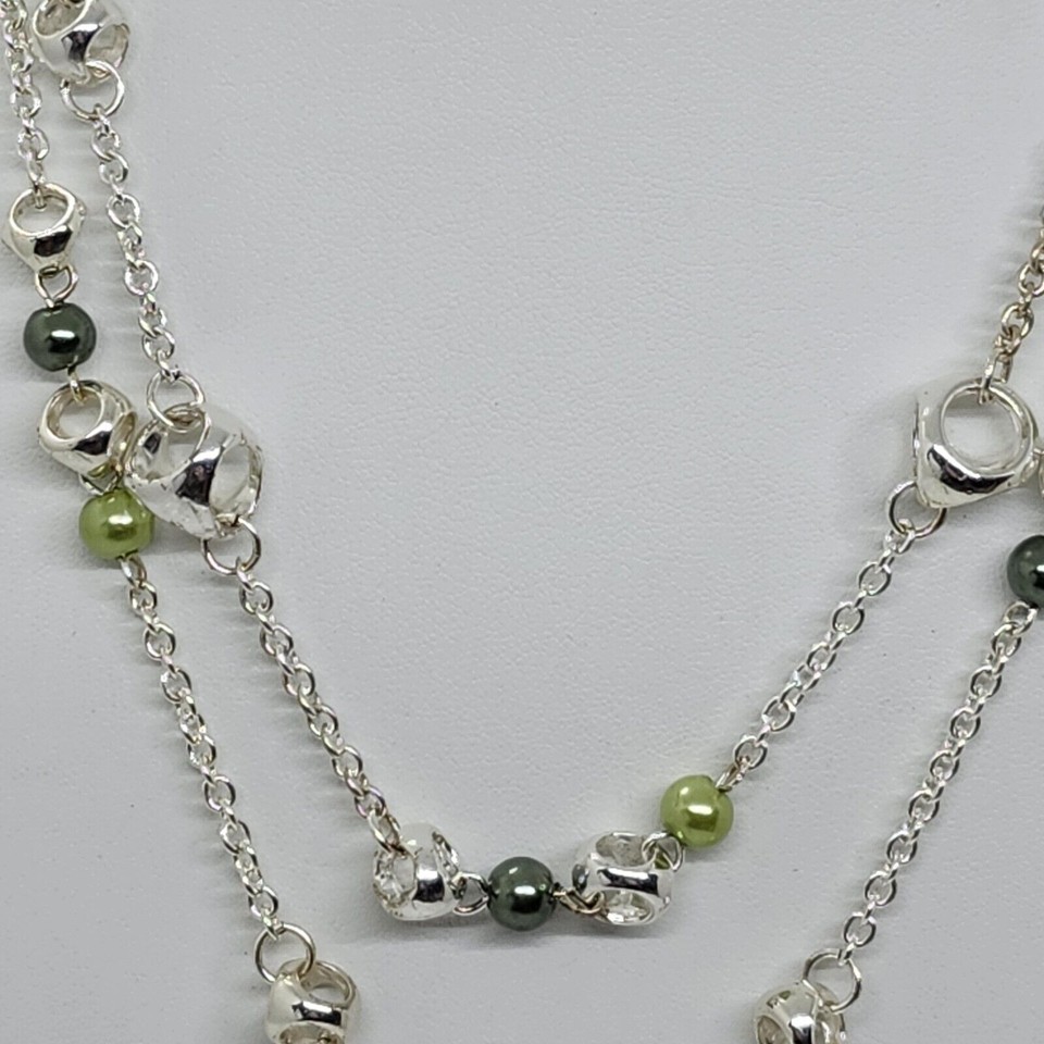 Silver Tone Double Strand Y Drop Layered Green Bead Necklace eBay