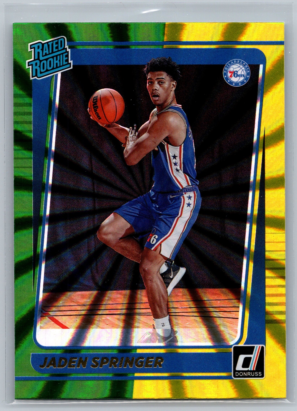 2021-22 Donruss #247 Jaden Springer Holo Green and Yellow Laser RC 76ers
