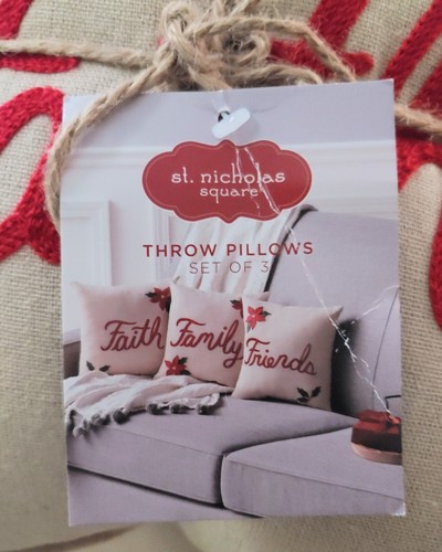 3 Christmas Throw Pillows. 12x12 size. Friends, Family, Faith. By St. Nicholas