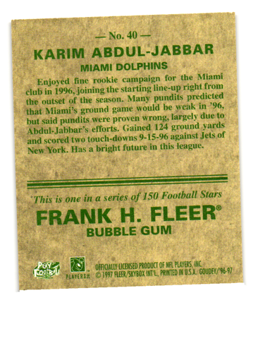 1997 Fleer Goudey Football Karim Abdul-Jabbar Football Card #40 Dolphins - Picture 2 of 2