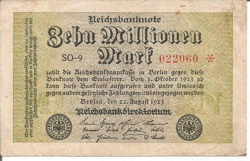 GERMANY 10 MILLIONEN MARK 22/08/1923 UNIFACE
