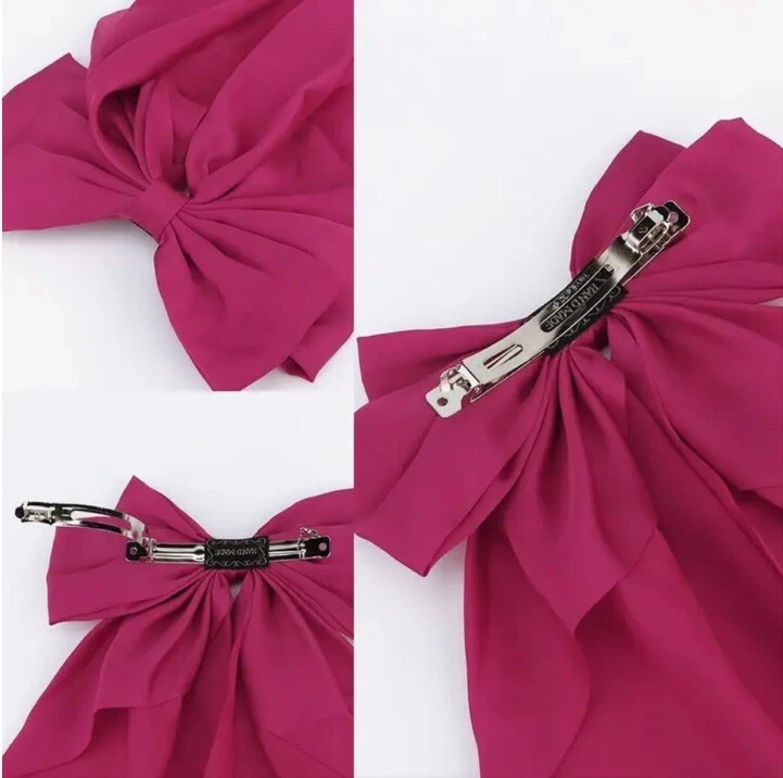 Hot Pink Satin Stylish Bow Big Ribbon Hair Clip Tie All Hair Types Non Slip - Image 4 of 4