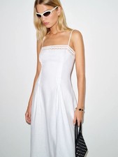 NEW Reformation Pomona Linen Lace Trim Midi Dress White | US 0 UK 4