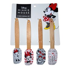 NEW Disney Minnie Mouse Spatula 4 Pack Set Wood Silicone Baking Kitchen Utensils