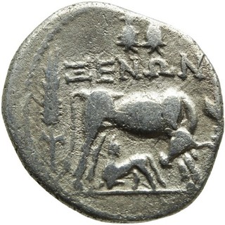 009. Greek Silver Coin. DYRRACHIUM AR Drachm. Cow & Calf / Double Stellate. aVF