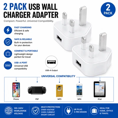 2pc 3Pin 5V1A USB Plug Charger Wall Chargers UK Power Adapter For iPhone Camera - Image 1 of 4