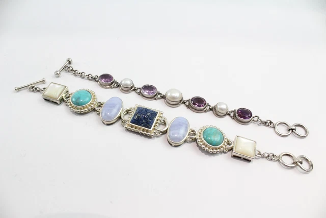 16 Sterling Silver Gemstone Bracelets Amethyst Lapis Lace Agate Pearl x 2 (31g)
