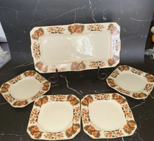 Vintage Myott Staffordshire SANDWICH SET Tray & Plates Orange Black Gold Flowers