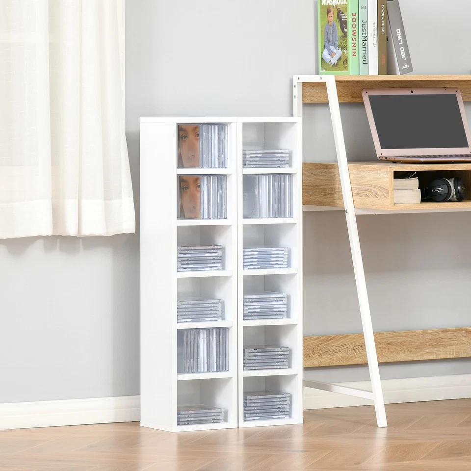 HOMCOM Set 2 Mobili Libreria porta CD a 12 Ripiani in Legno Bianco - Immagine 2 di 4