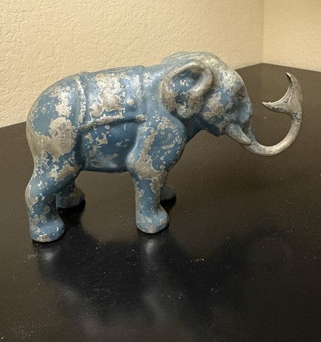 Antique Cast Iron Elephant Coin Bank Original Blue Paint Heavy Mechanical Toy
