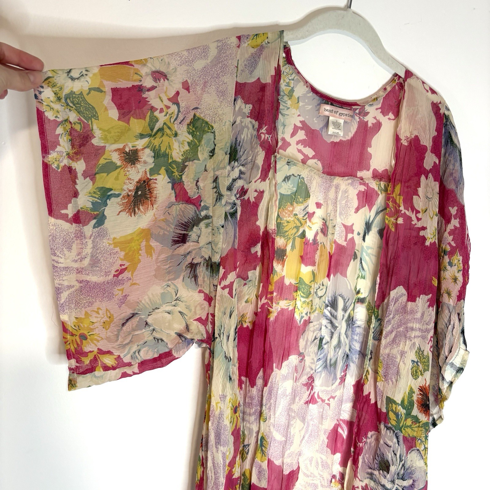 Band of Gypsies Pink Floral Kimono Sara Creation Fuchsia Ivory XS Hippie Boho image 4
