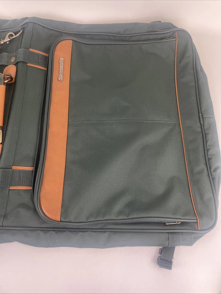 Vintage 1994 Samsonite Evergreen Hanging Garment Bag Green Brown Leather Luggage - Image 3 of 4
