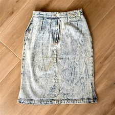 Vintage Acid Wash Denim Pencil Midi Skirt High Waist Small 80s 90s Jean