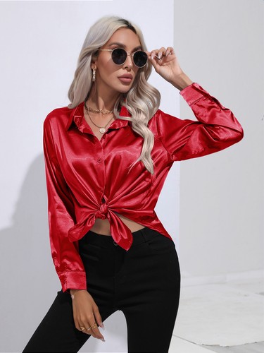 Elegant Women Satin Shirt Solid Color Long Sleeve Blouse Casual Button Down Tops - Picture 94 of 117