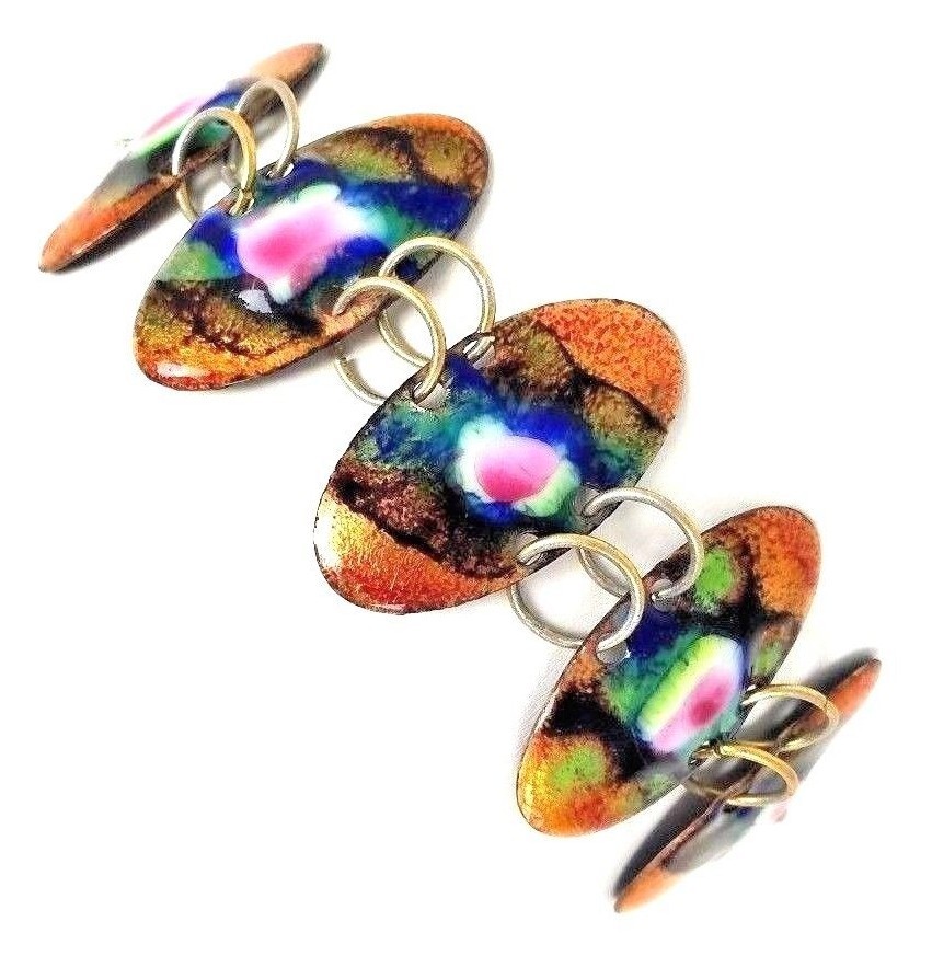 Vintage Copper Enamel Bracelet Link Modernist Artisan… Gem