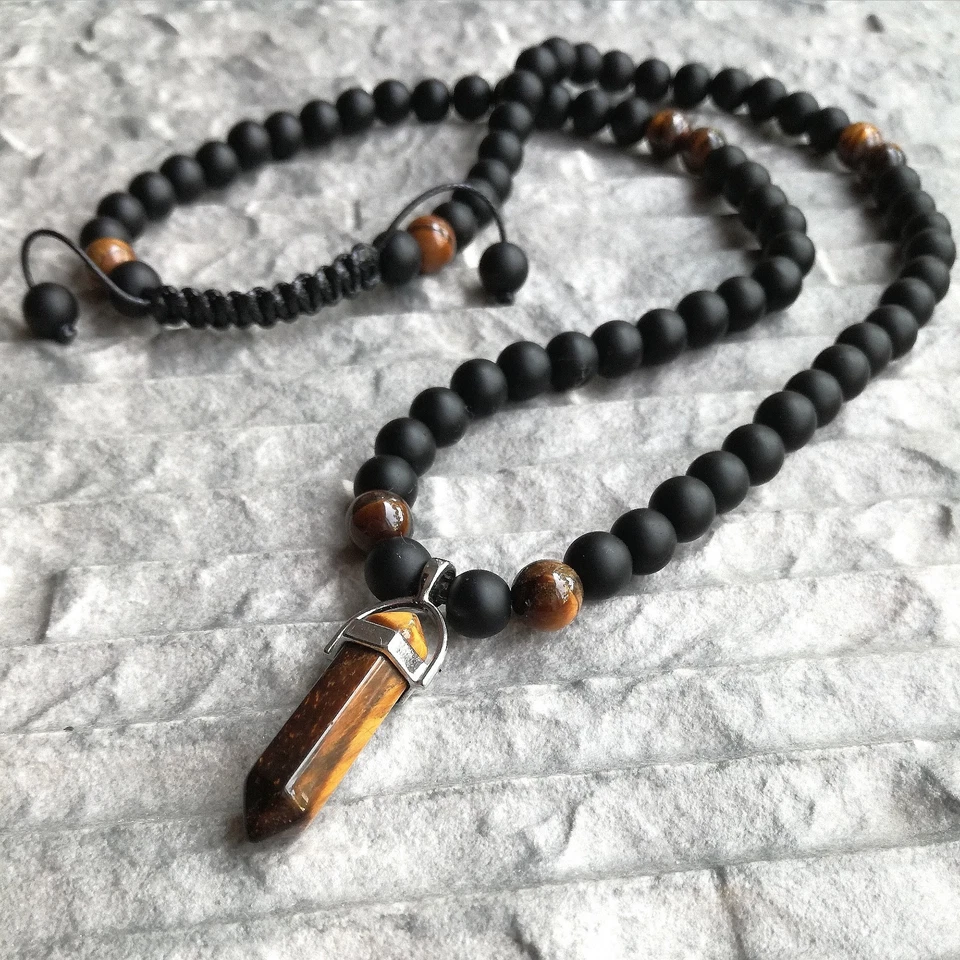 Damen Perlenkette Onyx perlen Anhänger Tigerauge Stein kette damenkette - Bild 1 von 3