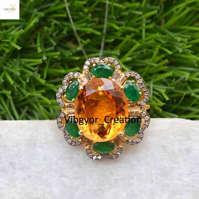 Sparkling Citrine Emerald Gemstone Ring Pave Diamond 925 Silver Gold Plated Gift