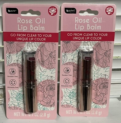 B-PURE Rose Oil Lip Balm, Goes on Clear, Changes A Unique Color For You ~ 2 PACK