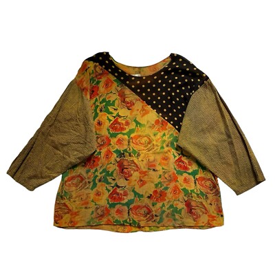 NWOT VTG URU URU Blouse Womens One Size Yellow Floral Relaxed Fit Art to Wear