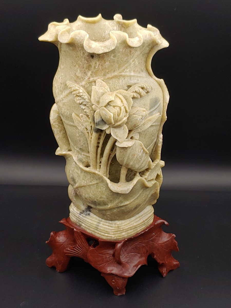 青田石雕生财花觚Vintage Chinese Qingtian Stone Sculpture Lotus