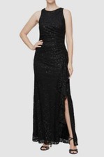 Alex Evenings Women's Black Sequins Lace Ruffled Round Neck Dress Size 12