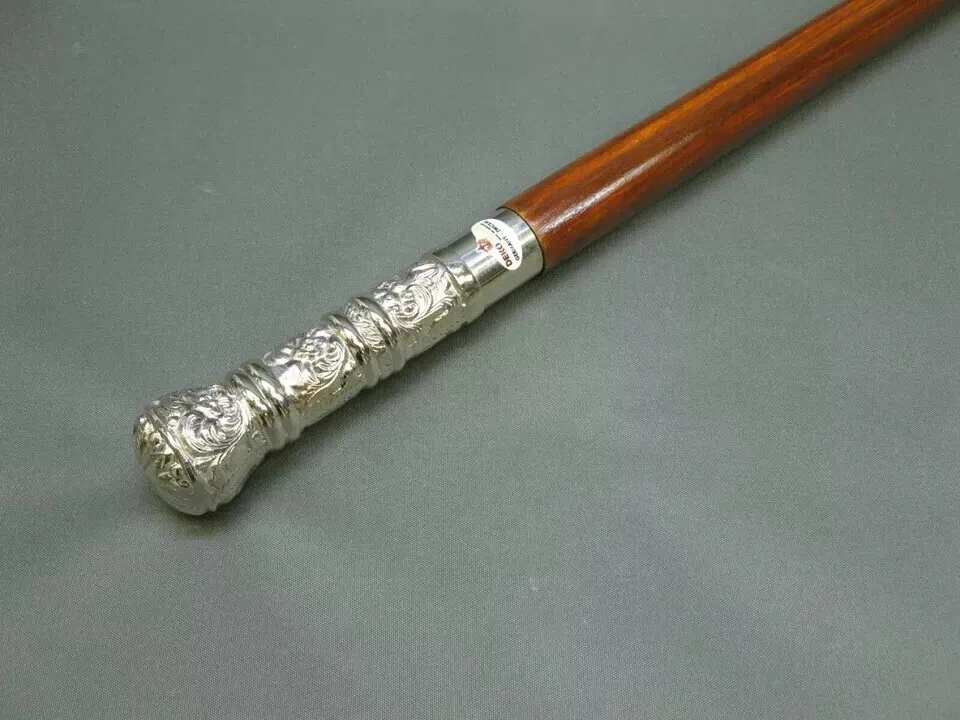 Vintage Solid Silver Brass Handle Antique Victorian Cane Wooden Walking Stick - Image 3 of 4