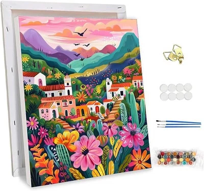 NEWENMO Mexikanisches Dorf Malen Nach Zahlen Erwachsene mit Rahmen,Bunte Blumen