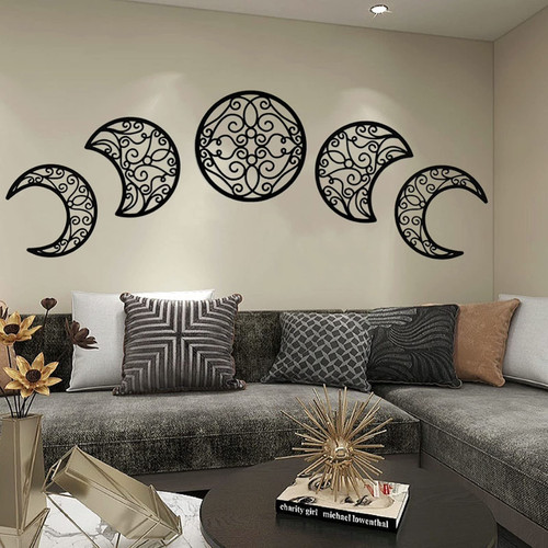 5 Pieces Moon Decoration Wall Decoration Wooden Moon Phase Wall Hanging Bohem...