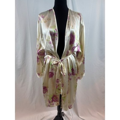 Oscar de la Renta Pink Label Satin Floral Robe Kimono Style Tie Waist Lace